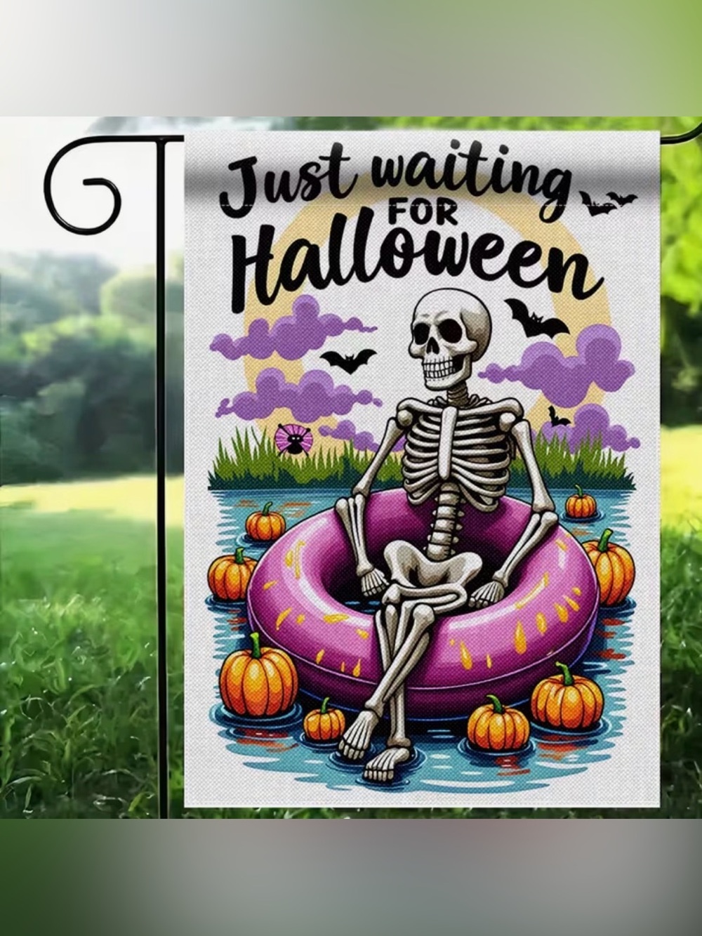 Just Waiting for Halloween Garden Flag - Purple